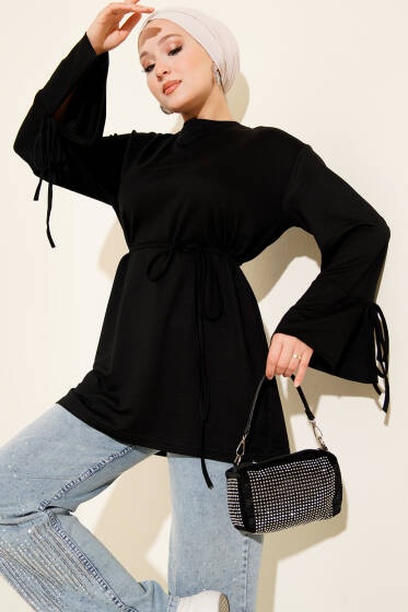 Loyşa Bilek İp Bağlamalı Tunik Siyah - Tunik
