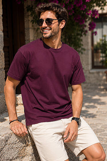 Loyşa Bisiklet Yaka Erkek T-shirt Bordo - Erkek T-shirt