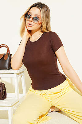 Loyşa Bisiklet Yaka T-shirt Kahve 