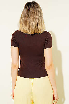 Loyşa Bisiklet Yaka T-shirt Kahve - Kadın Giyim Modelleri