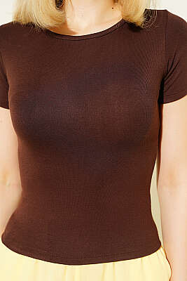 Loyşa Bisiklet Yaka T-shirt Kahve - Kadın Giyim Modelleri