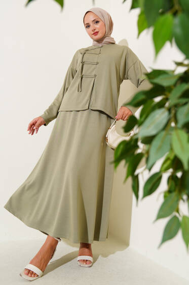 Loyşa Brit Düğmeli Etekli İkili Takım Çağla Yeşili - İkili Takım