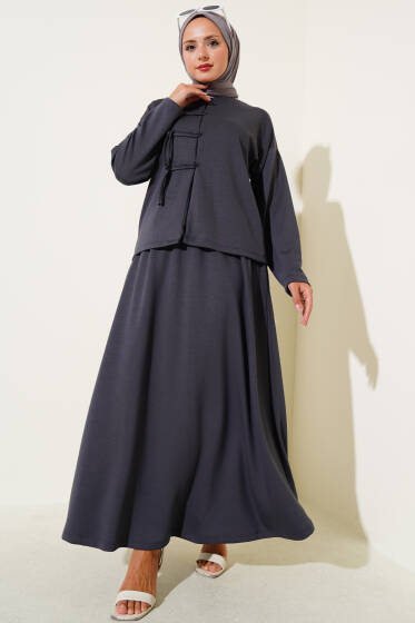 Loyşa Brit Düğmeli Etekli İkili Takım Füme - İkili Takım