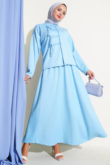 Loyşa Brit Düğmeli Etekli İkili Takım Mavi - İkili Takım