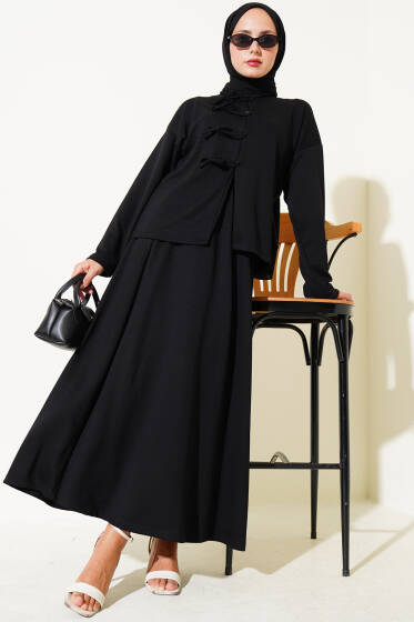 Loyşa Brit Düğmeli Etekli İkili Takım Siyah - İkili Takım
