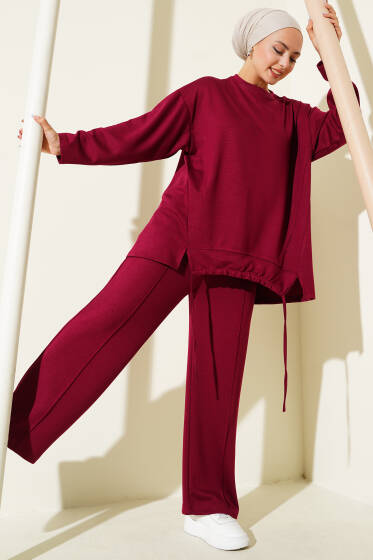 Loyşa Büzgü Detaylı Basic İkili Takım Bordo - İkili Takım