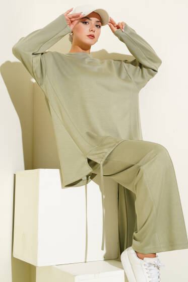 Loyşa Büzgü Detaylı Basic İkili Takım Çağla Yeşili - İkili Takım