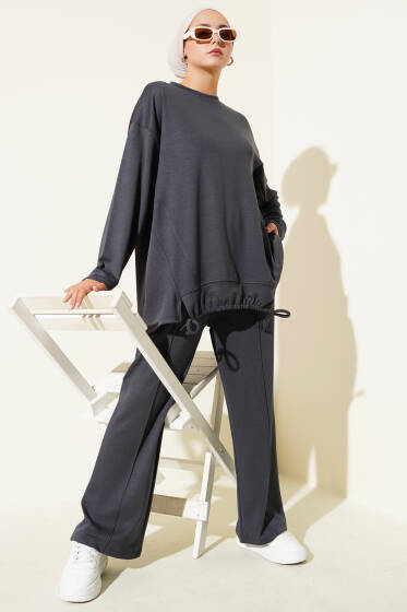 Loyşa Büzgü Detaylı Basic İkili Takım Füme - İkili Takım