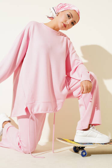 Loyşa Büzgü Detaylı Basic İkili Takım Pembe - İkili Takım