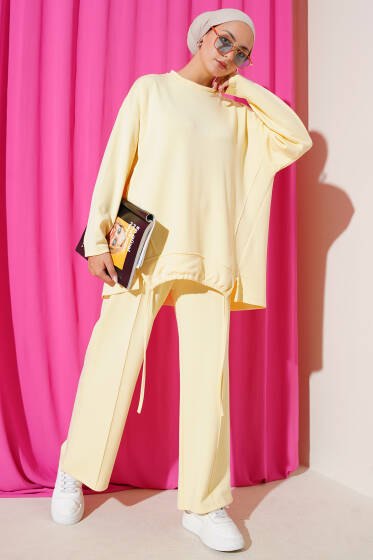 Loyşa Büzgü Detaylı Basic İkili Takım Sarı - İkili Takım