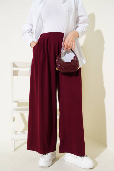 Loyşa Cepli Geniş Paça Pantolon Bordo - Pantolon