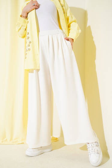 Loyşa Cepli Geniş Paça Pantolon Ekru - Pantolon