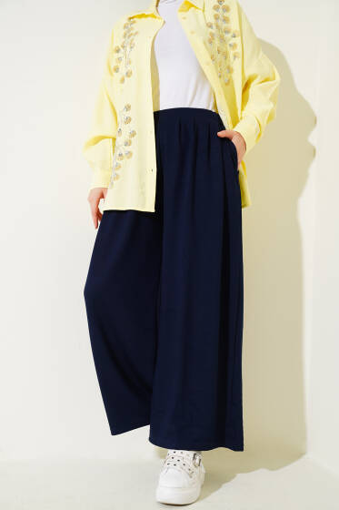 Loyşa Cepli Geniş Paça Pantolon Lacivert - Pantolon