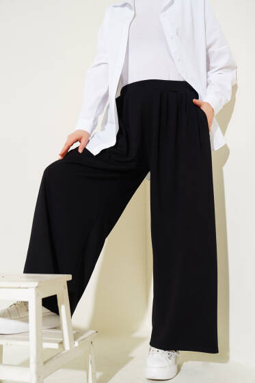 Loyşa Cepli Geniş Paça Pantolon Siyah - Pantolon