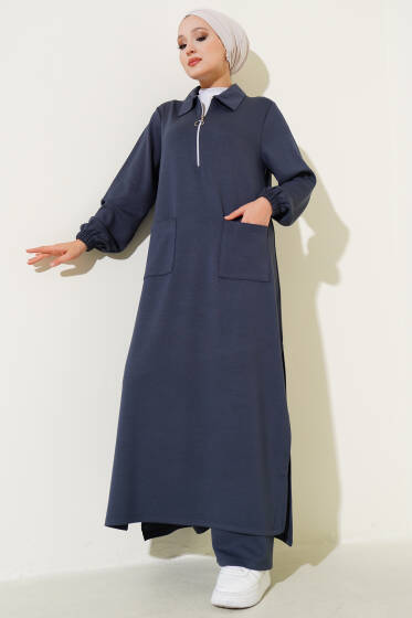 Loyşa Cepli Uzun Tunik İkili Takım Füme - İkili Takım