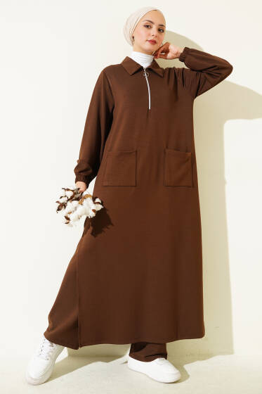 Loyşa Cepli Uzun Tunik İkili Takım Kahve - İkili Takım