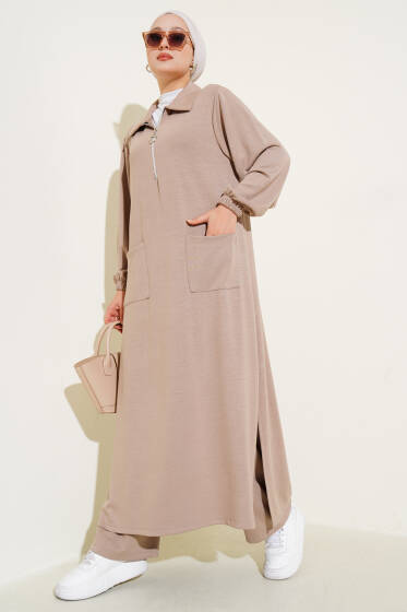 Loyşa Cepli Uzun Tunik İkili Takım Latte - İkili Takım