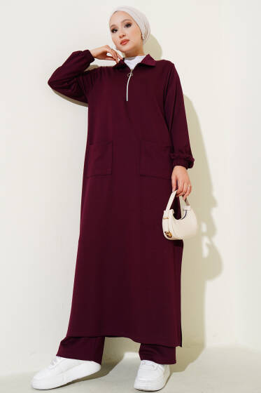 Loyşa Cepli Uzun Tunik İkili Takım Mürdüm - İkili Takım