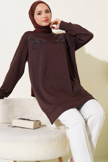 Loyşa Çiçekli Taşlı Tunik Acı Kahve - Tunik