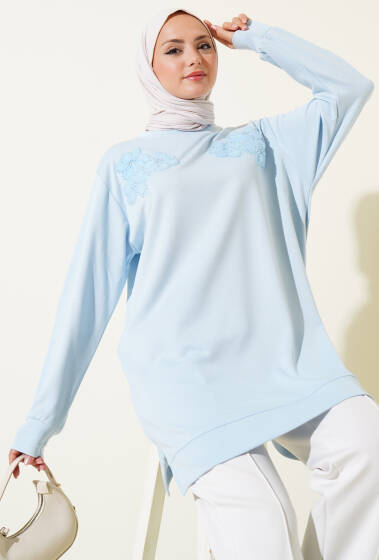 Loyşa Çiçekli Taşlı Tunik Buz Mavisi - Tunik