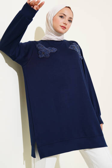 Loyşa Çiçekli Taşlı Tunik Lacivert - Tunik