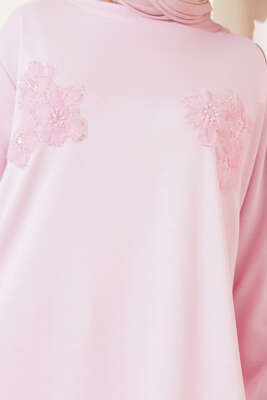Loyşa Çiçekli Taşlı Tunik Pembe - Tunik