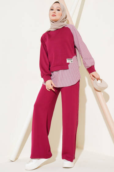 Loyşa Çizgi Garnili Tunik İkili Takım Bordo - İkili Takım