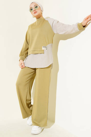 Loyşa Çizgi Garnili Tunik İkili Takım Çağla Yeşili - İkili Takım