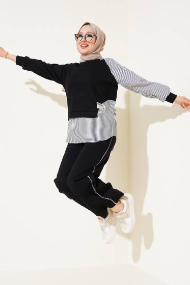 Loyşa Çizgi Garnili Tunik İkili Takım Siyah - İkili Takım
