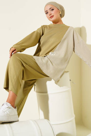 Loyşa Çizgili Gömlek Garnili İkili Takım Çağla Yeşili - İkili Takım