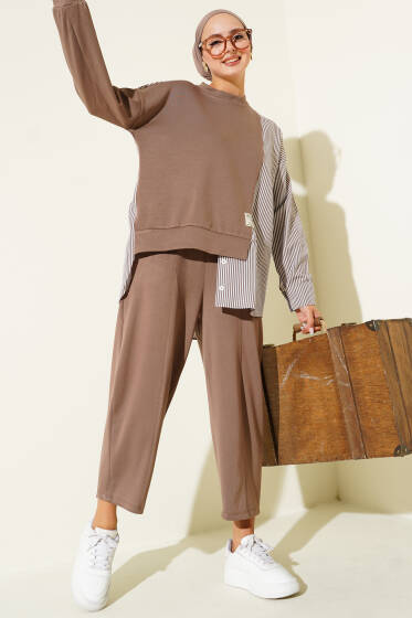 Loyşa Çizgili Gömlek Garnili İkili Takım Kahve - İkili Takım