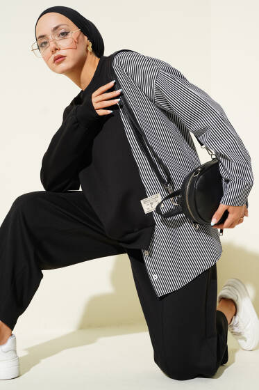 Loyşa Çizgili Gömlek Garnili İkili Takım Siyah - İkili Takım