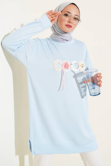 Loyşa Coco Çiçek Detaylı Tunik Buz Mavisi - Tunik