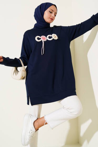 Loyşa Coco Çiçek Detaylı Tunik Lacivert - Tunik