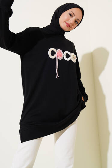 Loyşa Coco Çiçek Detaylı Tunik Siyah - Tunik