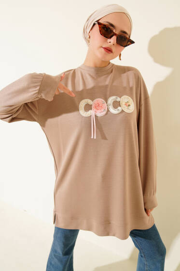 Loyşa Coco Yazı Süslemeli Tunik Bej - Tunik