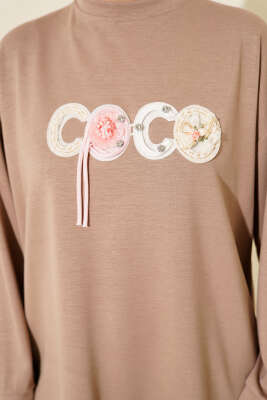 Loyşa Coco Yazı Süslemeli Tunik Bej - Tunik