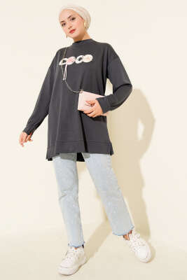 Loyşa Coco Yazı Süslemeli Tunik Füme - 300-500 TL Ürünler