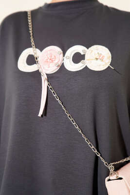 Loyşa Coco Yazı Süslemeli Tunik Füme - 300-500 TL Ürünler