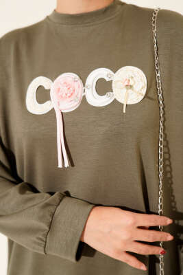 Loyşa Coco Yazı Süslemeli Tunik Haki - 300-500 TL Ürünler
