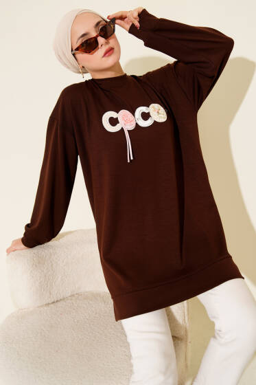 Loyşa Coco Yazı Süslemeli Tunik Kahve - Tunik