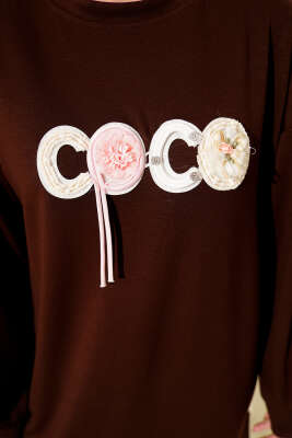 Loyşa Coco Yazı Süslemeli Tunik Kahve - Tunik