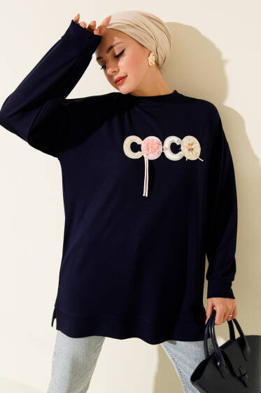 Loyşa Coco Yazı Süslemeli Tunik Lacivert - Tunik