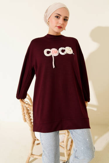 Loyşa Coco Yazı Süslemeli Tunik Mürdüm - Tunik