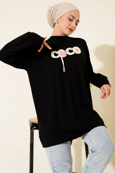 Loyşa Coco Yazı Süslemeli Tunik Siyah - Tunik