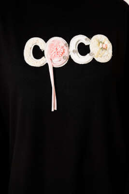 Loyşa Coco Yazı Süslemeli Tunik Siyah - Tunik