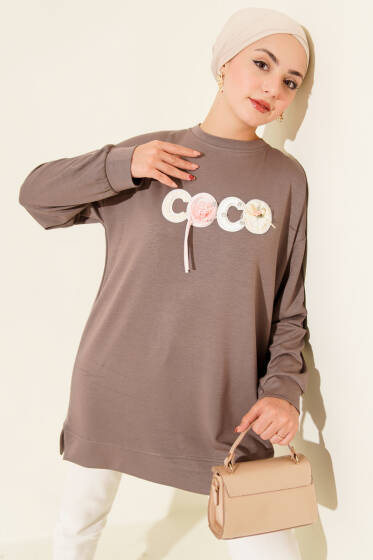 Loyşa Coco Yazı Süslemeli Tunik Vizon - Tunik