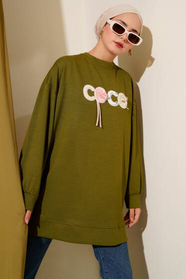 Loyşa Coco Yazı Süslemeli Tunik Yağ Yeşili - Tunik