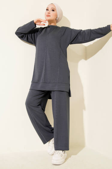Loyşa Dikiş Detaylı İkili Takım Füme - İkili Takım