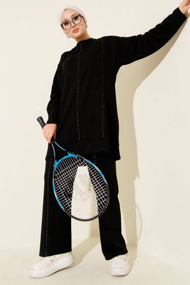 Loyşa Dikiş Detaylı İkili Takım Siyah - İkili Takım